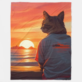 "Contemplative Cat at Sunset: Whimsical Beach Art" Fleecedecke