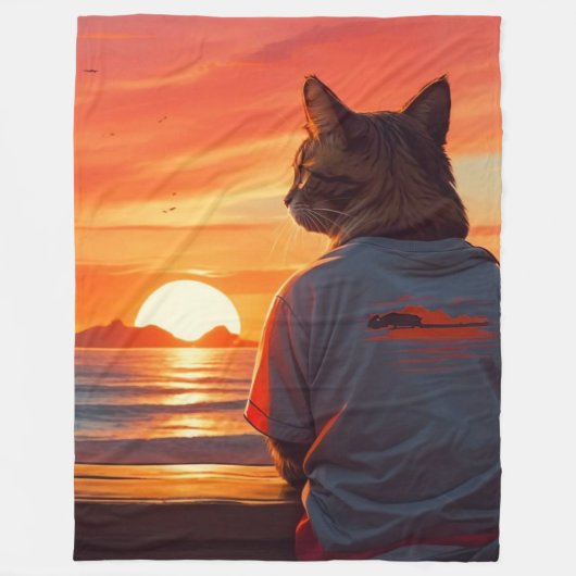 "Contemplative Cat at Sunset: Whimsical Beach Art" Fleecedecke (Vorderseite)