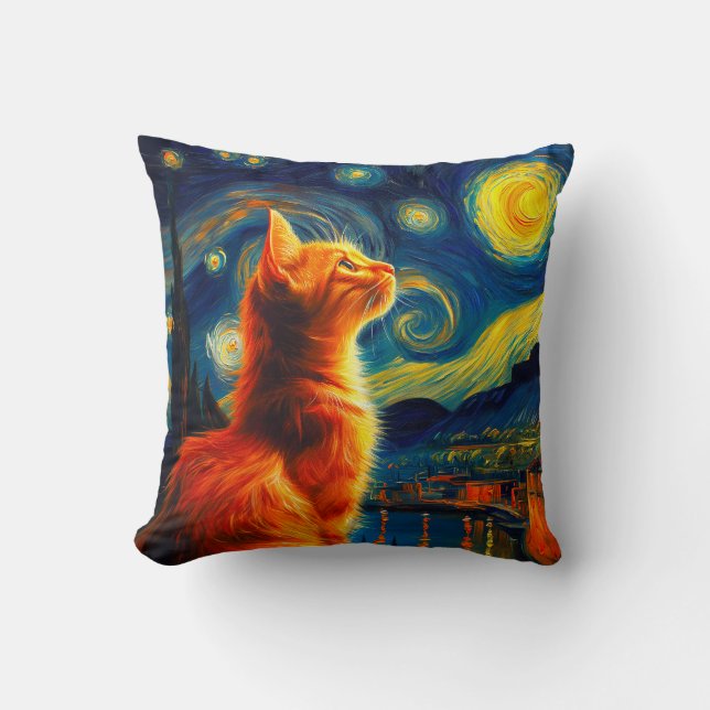 Contemplative Ginger Cat | Starry Night Sky Kissen (Vorderseite)