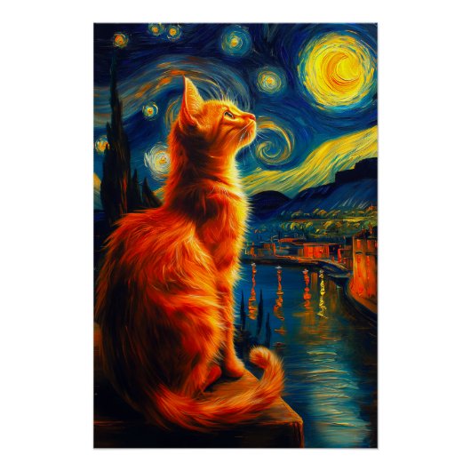 Contemplative Ginger Cat | Starry Night Sky Poster (Vorderseite)