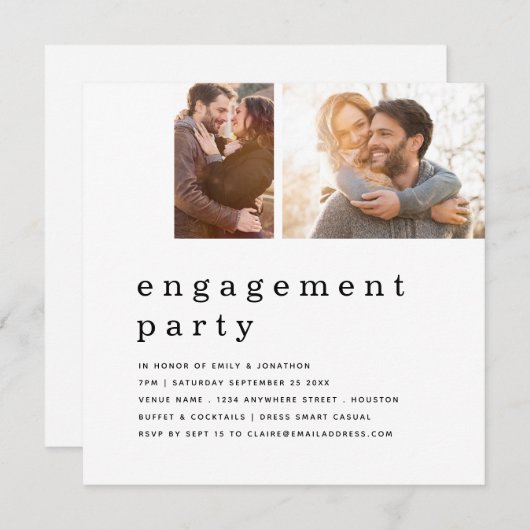 Contemporary 2 Photo Grid Engagement Party Square Einladung (Vorne/Hinten)