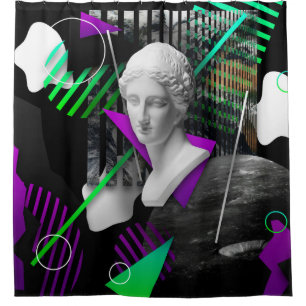 Contemporary art collage with plaster head statue  duschvorhang
