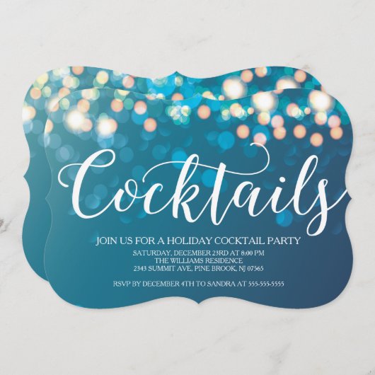 Contemporary Blue Bokeh Cocktail Party Einladung (Vorne/Hinten)
