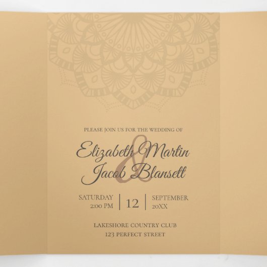 Contemporary Brown Peach Mandala Wedding Dreifach Gefaltete Einladung (Innenseite Mitte)