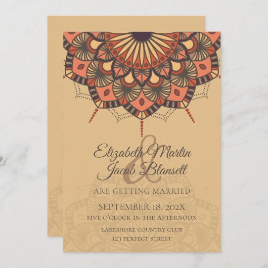 Contemporary Brown Peach Mandala Wedding Einladung (Vorne/Hinten)
