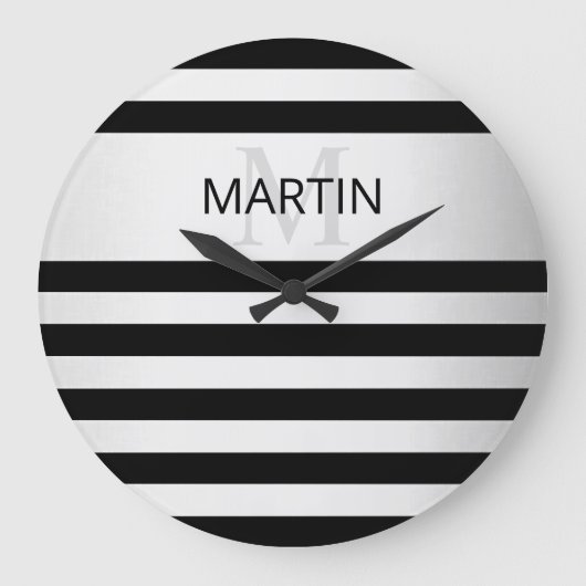 Contemporary Faux Silver Ombre Stripes & Black Große Wanduhr (Vorderseite)