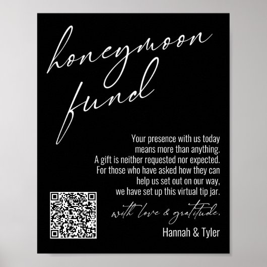 Contemporary Honeymoon Fund QR Code Black Sign Poster (Vorne)