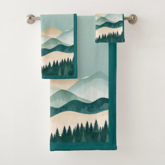 Contemporary Landscape Mountain Range Evergreens Badhandtuch Set