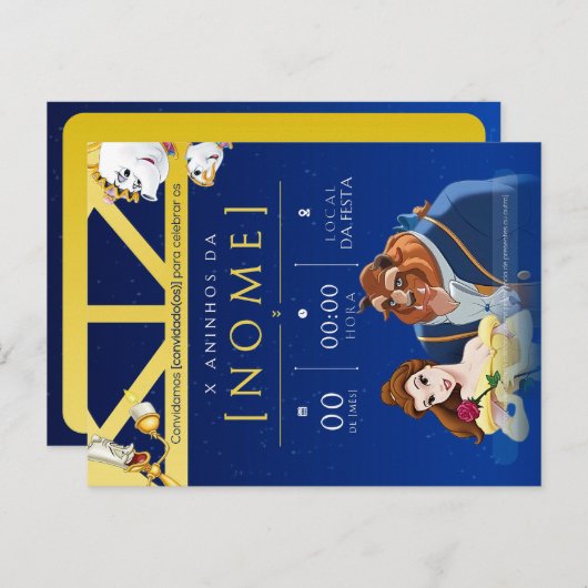 Convite de Aniversário Infantil da Bela e a Fera Einladungspostkarte (Vorne/Hinten)