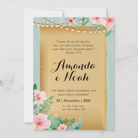 Convite de Casamento, amadeirado turquesa Einladung (Vorderseite)