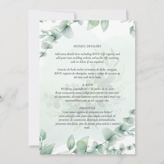 Convite de Casamento Folhas Verdes Portuguese Inv Einladung (Rückseite)