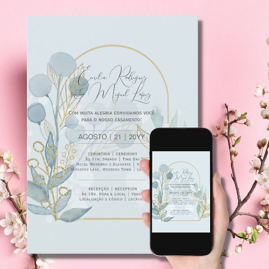 Convite de Casamento Ouro Azul Claro Portugal Einladung