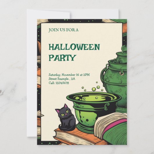 Convite Festa Halloween Caldeirão e Gato Preto Einladung (Vorderseite)