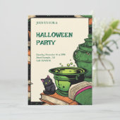 Convite Festa Halloween Caldeirão e Gato Preto Einladung (Stehend Vorderseite)