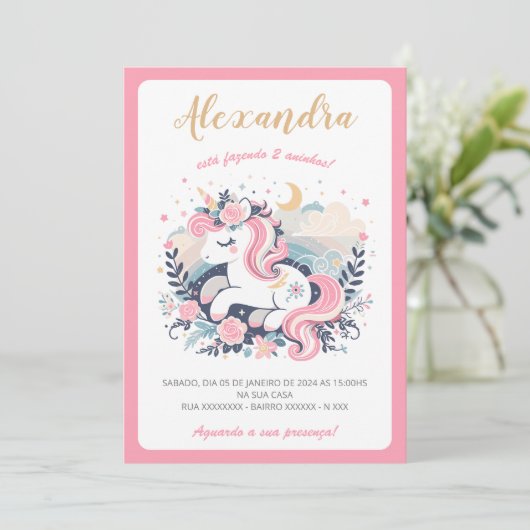 Convite Mágico Unicórnio Rosa em Português Einladung (Stehend Vorderseite)