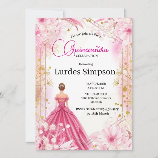Convite  Quinceañera invitation  Floral Pink Einladung (Vorderseite)