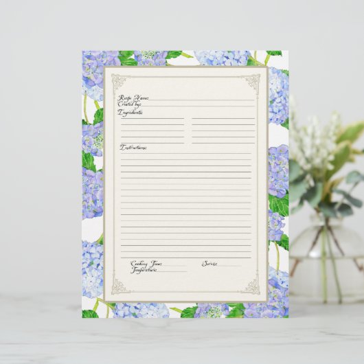 Cookbook Page Blue Hydrangea Lace Floral Formal (Stehend Vorderseite)