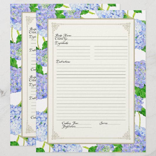 Cookbook Page Blue Hydrangea Lace Floral Formal (Vorne/Hinten)
