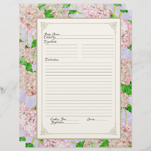 Cookbook Page Pink Hydrangea Lace Floral Formal (Vorne/Hinten)
