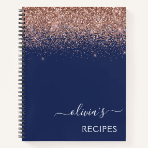 Cookbook Rose Gold Pink Navy Blue Glitzer Monogram Notizblock