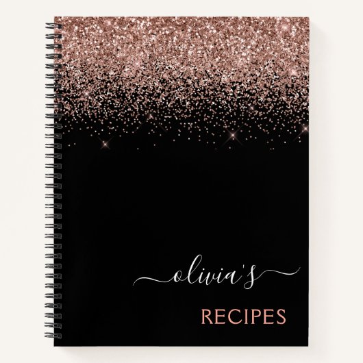 Cookbook Rose Gold Rosa Schwarzer Glitzer Monogram Notizblock (Vorderseite)