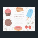 Cookie Donut & Ice Creme Sweet Kids' Birthday Einladungspostkarte<br><div class="desc">Feiern Sie die Geburtstagsparty Ihres Kindes mit diesen süßen Einladungen. Mit Kawaii Kuchen,  Keks,  Kuchen,  Eis,  Donut und Kirschen mit Doodles um sie herum. Ihre Party-Details werden in der Mitte in einer minimalen serifenlosen Typografie dargestellt. Umkehrung zu handgezeichnet Punktmuster.</div>