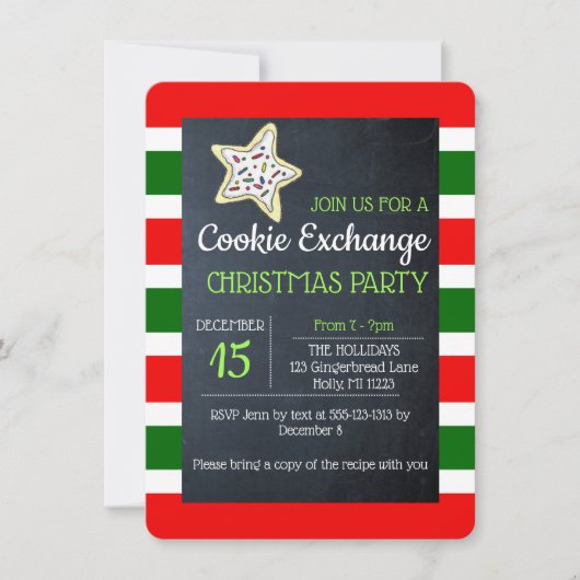 Cookie Exchange Chalkboard Rot und Grüner Streifen Einladung (Vorderseite)
