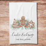 Cookie Exchange Geschirrtuch<br><div class="desc">Dieses Küchentuch des Cookie Exchange-Party ist mit Aquarellkeksen, festlichem Grün und Beeren dekoriert. Einfach anpassbar. Weil wir unsere Kunstwerke erstellen, werden Sie dieses exakte Bild von anderen Designern nicht finden. Original Wasserfarbe © Michele Davies.</div>