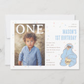 Cookie Monster Blue Confetti First Birthday Einladung (Vorderseite)