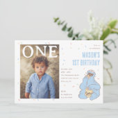 Cookie Monster Blue Confetti First Birthday Einladung (Stehend Vorderseite)