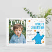 Cookie Monster Blue Confetti Second Birthday Einladung (Stehend Vorderseite)
