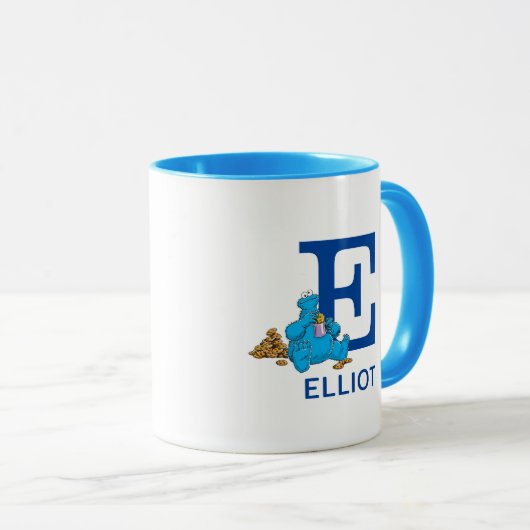 Cookie Monster Eating Cookies Name & Monogramm E Tasse (VorderseiteRechts)