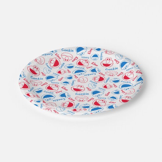 Cookie Monster & Elmo | Rotes und blaues Muster Pappteller (Schrägansicht)