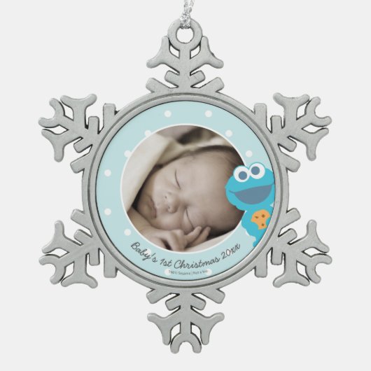 Cookie Monster | Erste Weihnachten - Name hinzufüg Schneeflocken Zinn-Ornament (Vorderseite)
