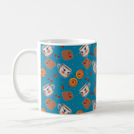 Cookies, Buns: blaues Hintergrundmuster Kaffeetasse (Links)