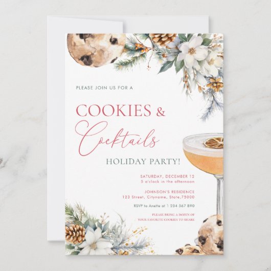 Cookies Cocktails White Floral Adult Holiday Party Einladung (Vorderseite)