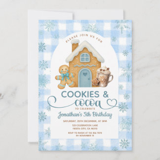 Cookies & Cocoa Birthday Blue Snowflakes Gingham Einladung