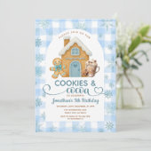 Cookies & Cocoa Birthday Blue Snowflakes Gingham Einladung (Stehend Vorderseite)