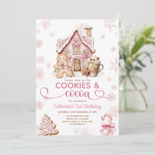 Cookies & Cocoa Birthday Pink Snowflakes Holiday Einladung (Stehend Vorderseite)
