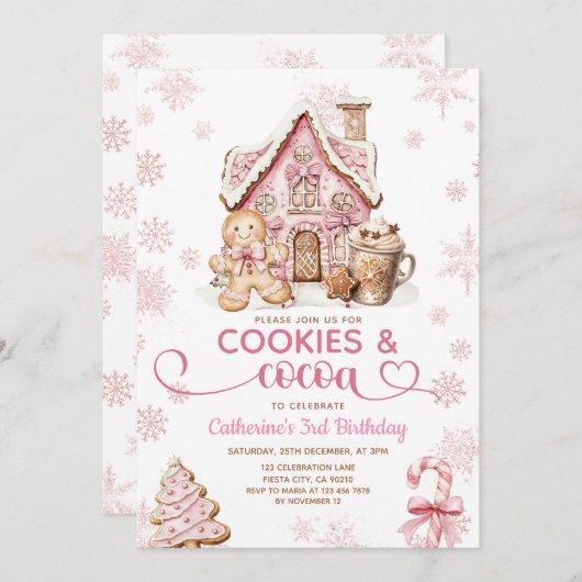 Cookies & Cocoa Birthday Pink Snowflakes Holiday Einladung (Vorne/Hinten)