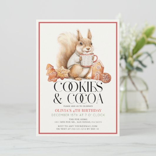 Cookies & Cocoa Hot Chocolate Squirrel Birthday Einladung (Stehend Vorderseite)