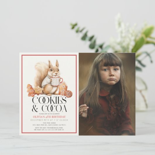 Cookies & Cocoa Squirrel Kid's Birthday Photo Einladung (Stehend Vorderseite)