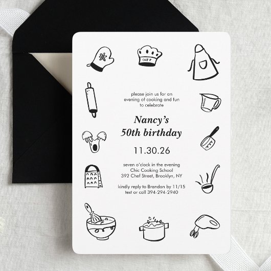 Cooking Birthday Party Hand Drawn Chef Minimalist Einladung