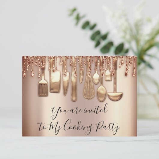 Cooking Party Koch Küche Rose Gold Tropfen Metal Einladung (Stehend Vorderseite)