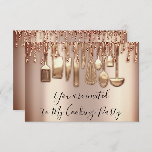 Cooking Party Koch Küche Rose Gold Tropfen Metal Einladung (Vorne/Hinten)