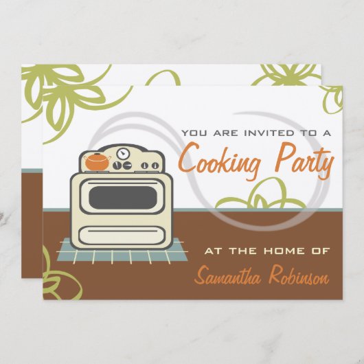 Cooking Party - Retro Stove Brown Orange Blue Einladung (Vorne/Hinten)