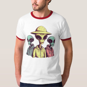 Cool Alien Trio Grafik T-Shirt – Retro UFO Streetw