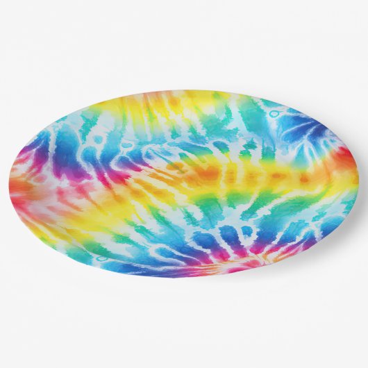 Cool Aqua Red Blue Yellow Orange Gefärbte Krawatte Pappteller (Schrägansicht)