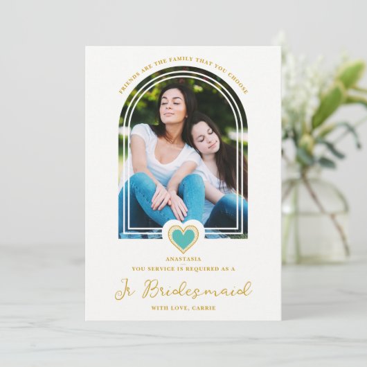 Cool Arch Fancy Jr Bridesmaid Blue Heart Photo Einladung (Stehend Vorderseite)