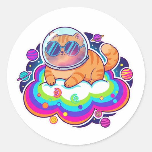 Cool Astronaut Orange Cat in Space on Rainbow Clou Runder Aufkleber (Vorderseite)